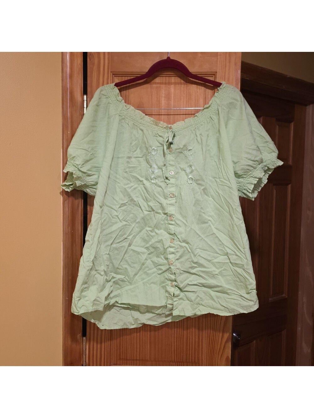 Vintage Lee Romantic Peasant Blouse 2X Sage Green Cotton Embroidered Floral Top